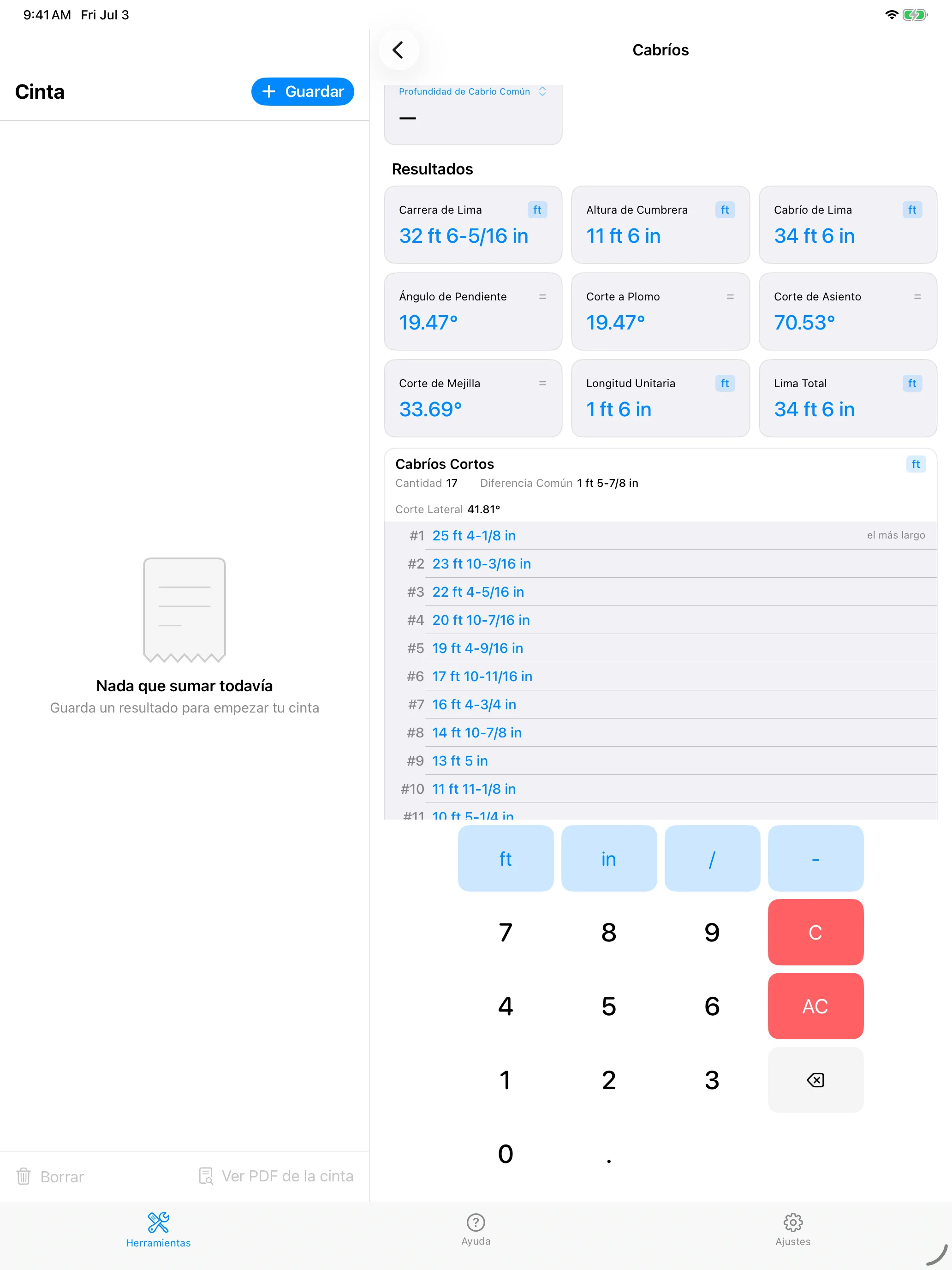 CutOnce rafter calculator on iPad