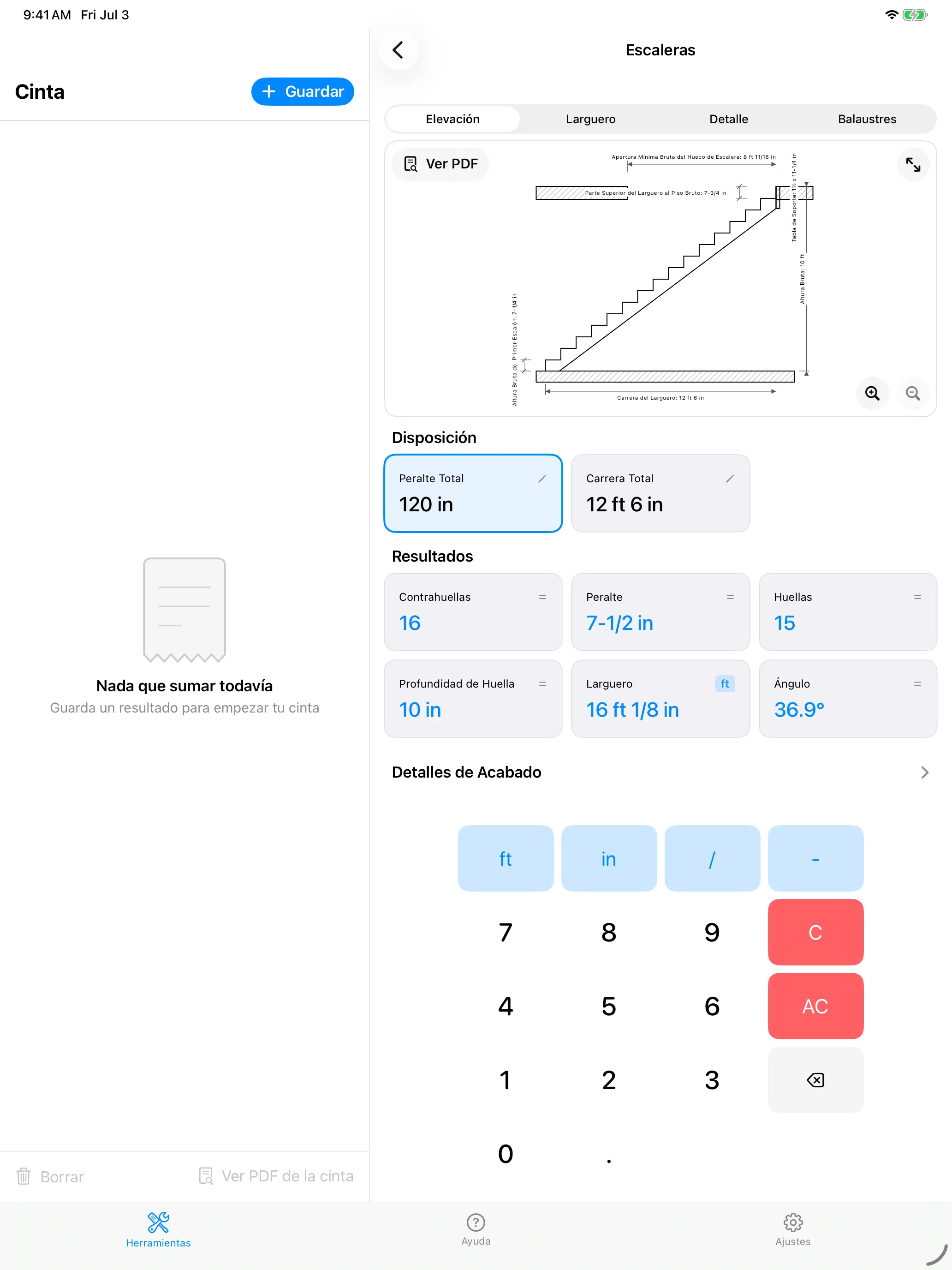 Diseño de escaleras · completo, con exportación PDF