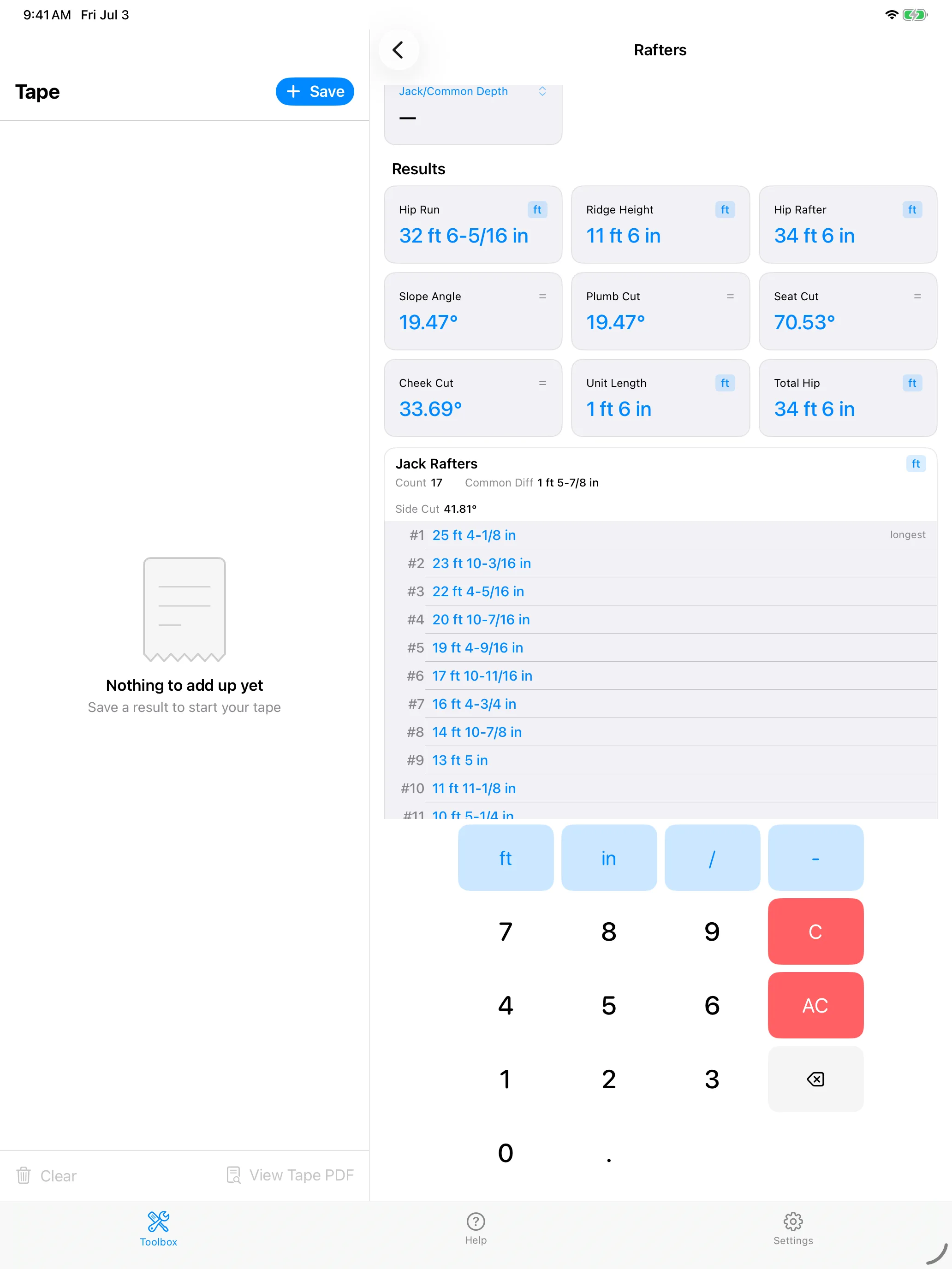 CutOnce rafter calculator on iPad