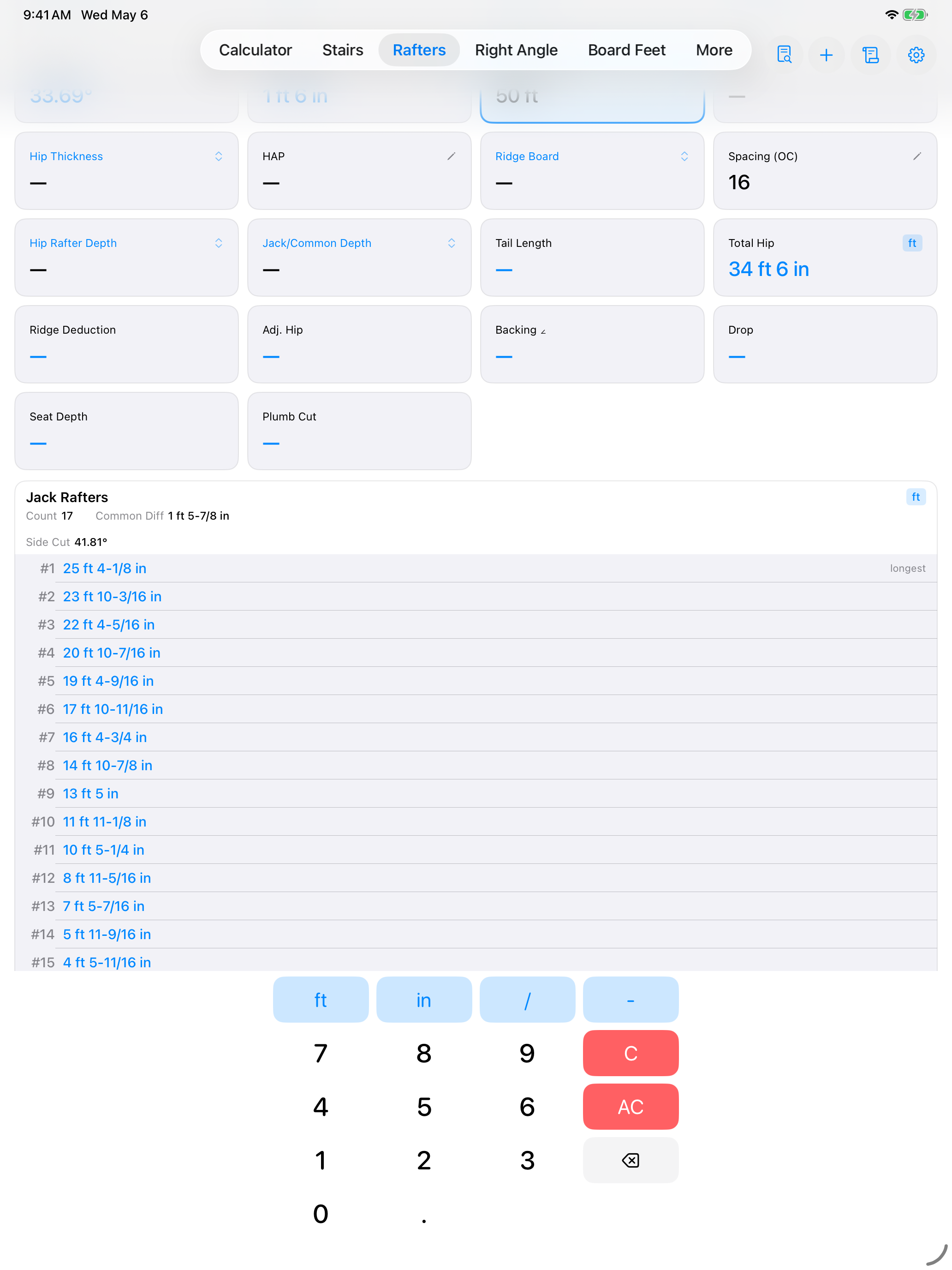 CutOnce rafter calculator on iPad